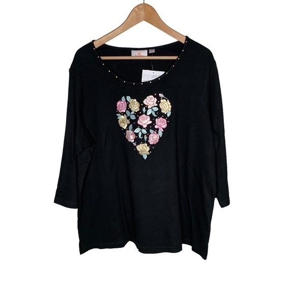 New Quaker Factory Womens Embroidered Floral Shirt Size 1X Black BNWT bling - Picture 1 of 6